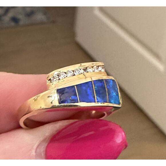 Vintage 14k Yellow Gold Australian Opal Diamond Ring Size 6 Signed T.D. - Picture 2 of 13